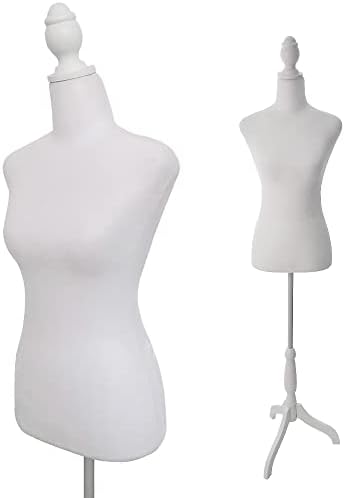 Formенски манекенски торзо фустан Форма со дрвена стативска база прилагодлива 51-66 инчи за приказ на накит за фустан за облека, бело