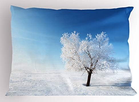 Зимска перница Ambesonne, единечно дрво на полето за снег на покривка со живописен концепт на небото, замрзнат концепт, декоративна