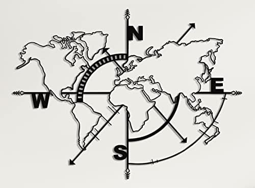 Метална светска мапа мапа wallидна уметност компас, светска мапа без граници, декор на метал wallид, метален знак, wallидни завеси