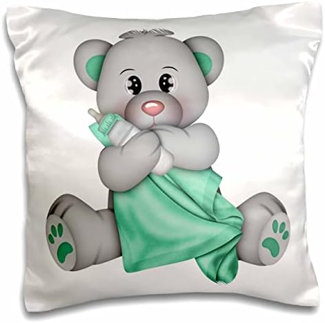 3drose симпатична сива и зелена бебе мечка која држи шише и ќебе - случаи со перница
