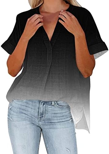 Краток ракав за кратки ракави V на вратот за жени летни кошули за печатење на вратот мода лабава туника краток ракав
