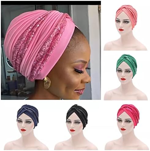 Xxxdxdp Модни sequins Headscarf Bonnet Twisted Turban Cap за дама рачно изработена Headtie Soild Color Women Women Head Chap