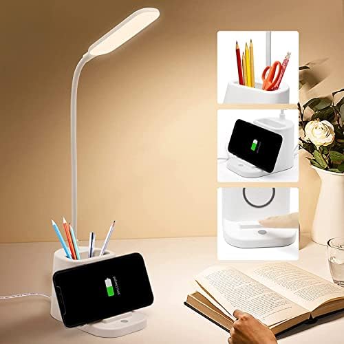 IIOSUYUI WERCH LAMP за домашна канцеларија, безжичен полнач LED биро светло со USB порта за полнење, 3 режими табела за ламба со држач за држачи за пенкало, ламби за биро за студе