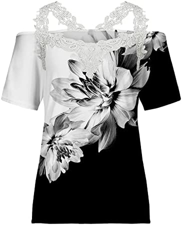 Капчиња чипка против блузи на вратот за жени летни врвови ладно рамо маица кратки ракави печати лабава пријатна блуза