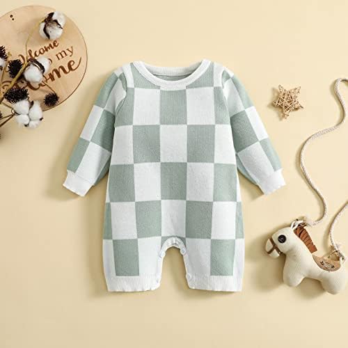 Lamgool новороденче бебе девојчиња момчиња карирани скокови плетење на копнена табла за ромпер облека за есен 0-24 милиони