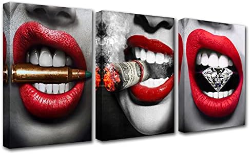 Tucocoo 3 парче платно wallидни уметности секси црвени усни со дијамантски слики усни со слики од куршуми современи kreative уметнички дела