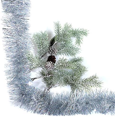 АЛОНСУ 25ft Божиќна лимчиња за елки, украси за новогодишна елка Класичен сјаен искрин таван што виси украси, широки нишки од 3,6 инчи, сребро