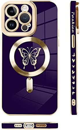 Bonoma за Iphone 13 Pro Max Случај  [Поддршка За Magsafe] Пеперутка Шема Магнетни Позлата Заштитник На Екранот Луксузни Елегантен
