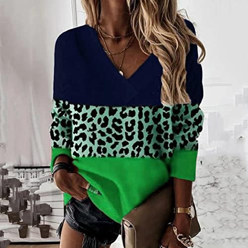Beuu Women'sенски обичен V врат леопард печатен пулвер блузи тенок фит -бојата блок маица чипка долга ракав Туника ТЕЕ Врво