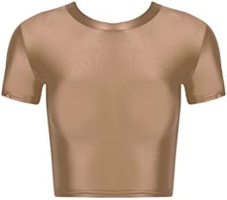 Manutakaiените на многу жени сјајни кратки ракави култури врвни маици Тркалезните вратот тенок фит јога атлетска џогерска салата кошула