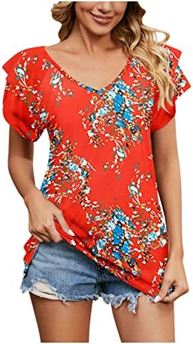Летна есен памучна маица тинејџерски девојки руфла краток ракав длабок v врат цветни графички врвни маици за жени E2 E2
