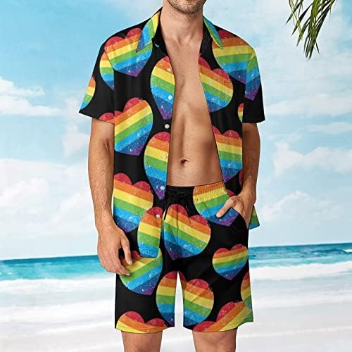 Геј права Виножито ретро срце знаме за машки 2 парчиња облека на плажа на хавајски копче надолу со кошула со краток ракав и