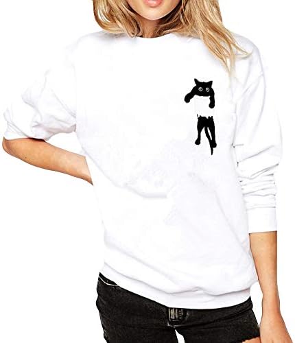 Listha симпатична мачка со долги ракави џемпери жени Crowneck pulverover лабава блуза врв