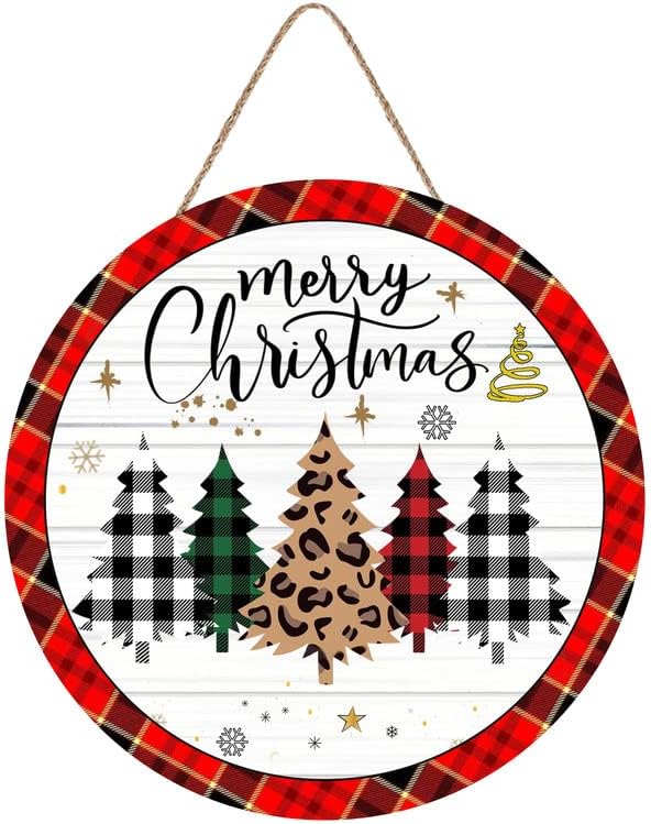 Среќни Божиќни украси за знаци на Божиќ, Среќен знак за дрво од предната врата со знак на кариран со карирани карирани акварел, Божиќ виси за декор на домашен wallид