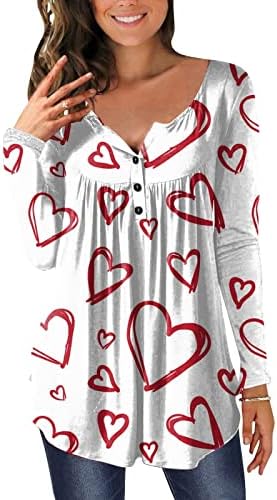 Женски обичен срцев туничен кошула дами врвови на в Valentубените модни модни блузи копче надолу V-вратот лабава блуза со Хенли