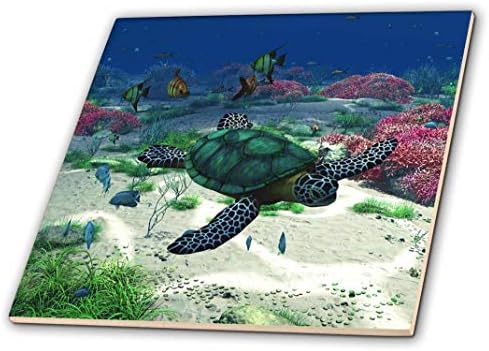 3дроза 3Д Роза Морска Желка Плива Низ Океанот Со Тропски Риби Корали И Повеќе-Керамичка Плочка, 12-инчен