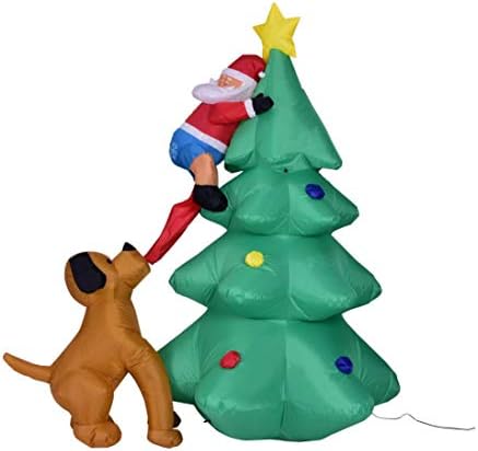 Зикс осветлување на новогодишна елка со вентилатор Дедо Мраз се искачува на новогодишна елка, бркана од декорација на кучиња за празничен затворен трем на отворен?