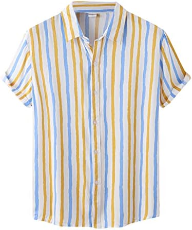 Машка лежерна врвна кошула лента печатена кошула со кратки ракави со една кошула за вртење на јака, меки модни копчиња на врвови на врвовите