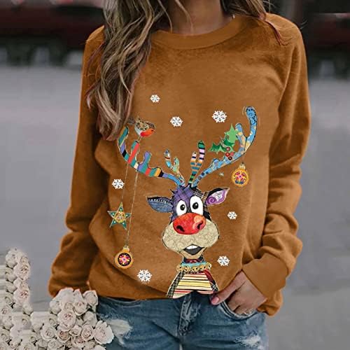 Среќна божиќна маица за жени Гноми печати со екипаж со долги ракави пулвер, обични зимски џемпери облека