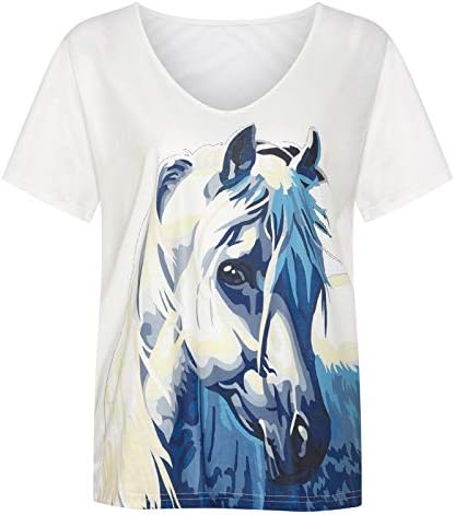 Womenените врвови врзани боја сон мистериозен коњски печати кратки ракави маички случајно лето V вратот смешна графичка маичка блуза