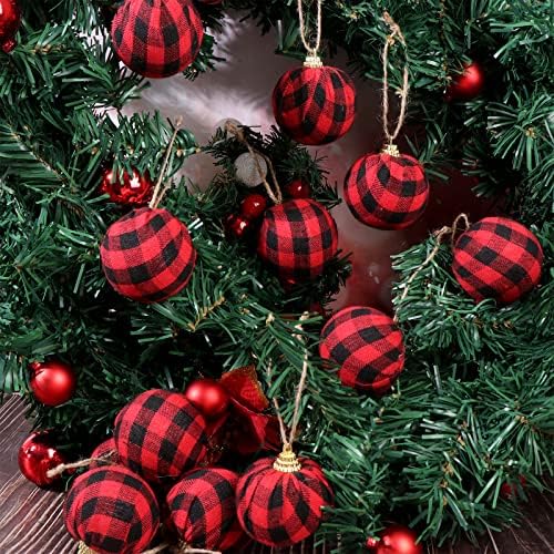 Gyepin 20pcs Божиќни карирани топка украси 2.15 инчи Бафало ткаенина Орнамент Црвено црно дрво што виси за Божиќна тема забава за празник