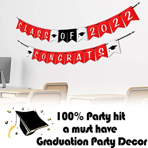 Класа од 2022 година Банер за честитки - Совршени партии за украси за дипломирање за степени забави за бело црно црвено