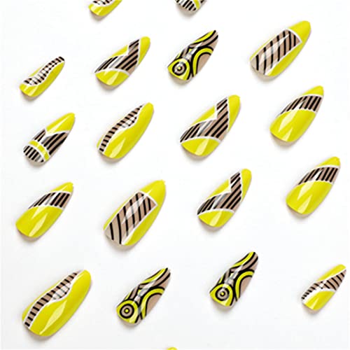 Бадем лажни нокти со долг одвојлив лепак за целосна обвивка вклучува неправилен жолт француски печат на нокти 24 парчиња совети за уметност