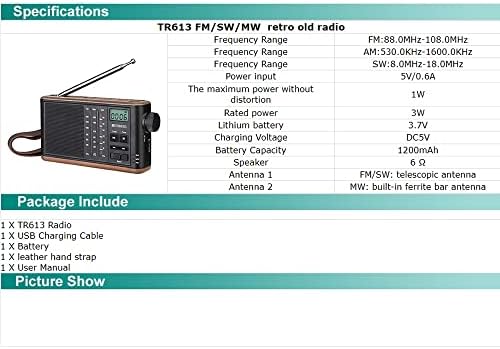 Wenlii Portable Retro Radio FM/AM/SW 3 бендови Постари лица поддржуваат TF картичка USB полнење стерео аудио влез 3,5 mm слушалки