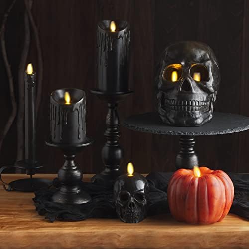 Луминара со безделен двоен подвижен пламен Голем скелет череп фигурал вистински восок предводена свеќа, незначен, тајмер - црн