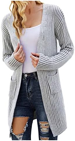 Џемпери за жени отворени предни ракави со лента со ленти со ребрести кардиган случајна лабава цврста боја џемпер со џеб
