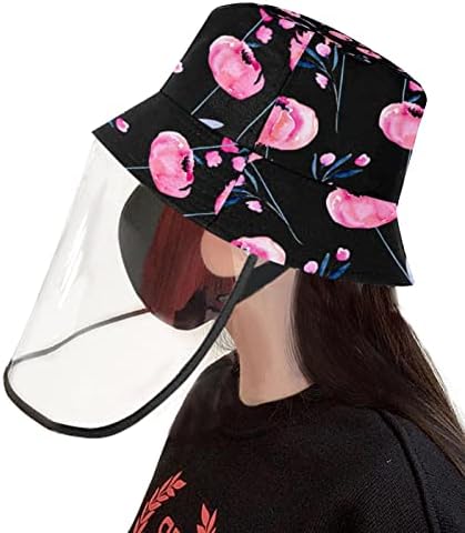 Заштитна капа за возрасни со штит за лице, рибарска капа анти сонце, розови цвеќиња модерна шема цветни гроздобер