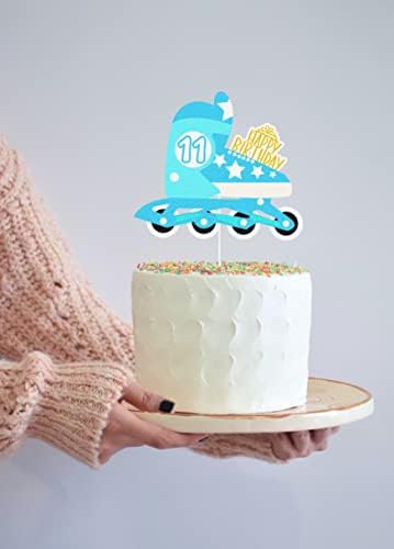 Ролери Скејт 11 -ти среќен роденден торта за торта за момче девојче 11 години роденденски спорт тематски украси за украси сини сјајни лизгачки лизгалки торта декор