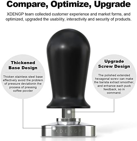 XDENGP 58мм калибриран еспресо кафе Тампер со 30lb пролет, натоварен, не'рѓосувачки челик база алуминиумски рачки за притисок за еспресо