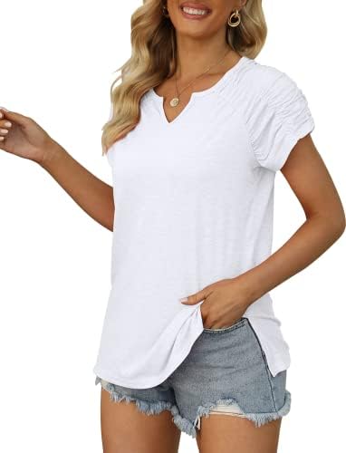 Женски летни маички кошули обични v вратот со кратки ракави маици лабави врвови се вклопуваат во блуза со цврста боја на блузи