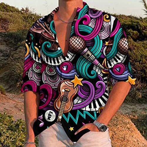 Xxzy mens Jazz Music Milts Men Casual Music Prin Plus Size Build Долг ракав Вклучете ја кошулата со јака долга маица