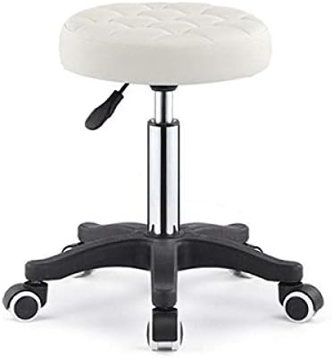 Мала хидраулична столица со тркала ， стоматолошки столици со бело синтетичко кожа седиште ， прилагодлива висина 45-59 см ， Поддржана