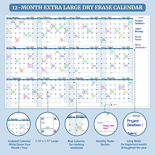Голем календар за суво бришење за wallид-годишен календар на wallидови, суво бришење, 37 x 57,9, 12-месечен нетрпелив планер за празен