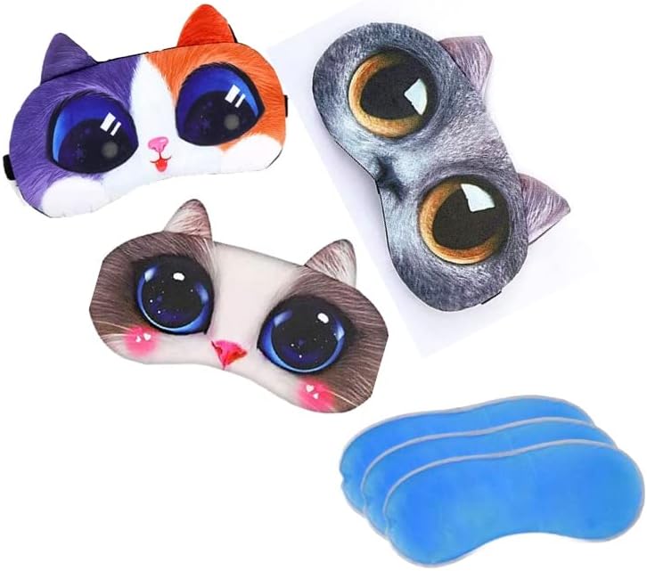 Биди 3 пакувања маска за спиење мачка со маска со гел маска ладна топла компресија симпатична смешна слепило око за очи, жени жени подарок