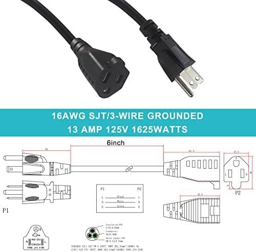 [6 пакет] Краток 3 кабел за продолжување на напојувањето со моќност - 6инч Црн мини затворен кабел за продолжение, 16AWG Мал електричен