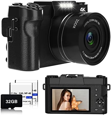 Дигитална камера, Nikicam 4K 56MP фотоапарати за фотографирање на YouTube со ManualFocus, 16x дигитален зум -Блак