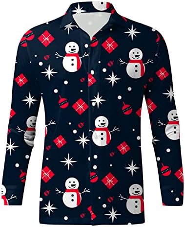 XXBR Божиќно копче надолу со кошули за мажи со долг ракав смешен Божиќ Снежен човек печатење на куќички за куќички за забави за