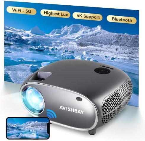 Avishbay 5G WiFi Bluetooth Mational 1080p Mini Protable Projector, 460 ANSI LM 4K Projector, iOS Android Windows, со проектор за лаптоп за паметни телефони TV Stick Apple, за домашно кино и филмови на отворено