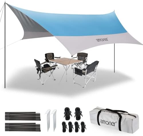 Atoner 12x14ft tarp со 2 столбови, UV UPF50+, PU3000 водоотпорен кампување за кампување, лесен засолниште за сонце за засолниште