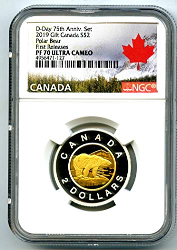 2019 Канада Сребрен Доказ Toonie Два Долари Позлатена Златна Поларна Мечка ПРВО ИЗДАНИЈА 2 2 PF70 NGC