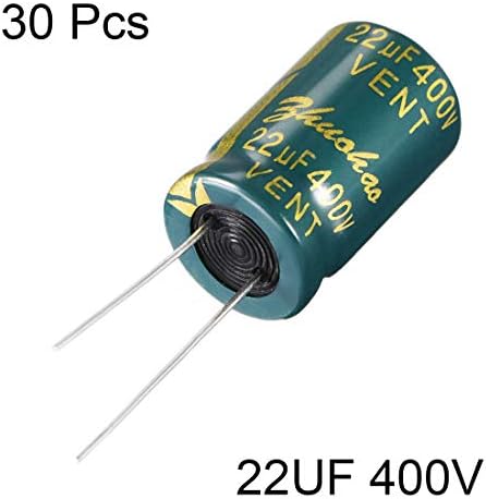 Uxcell Алуминиум радијален електролитски кондензатор Ниско ESR зелена со 22UF 400V 105 Целзиусови животни 3000H 13 x 21 mm висока струја на бран, ниска импеданса 30 парчиња