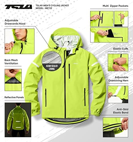 Водоотпорна јакна за машка велосипедизам TSLA, рефлексивен ветерница на качулка, пакувачки велосипед јакни со задниот џеб