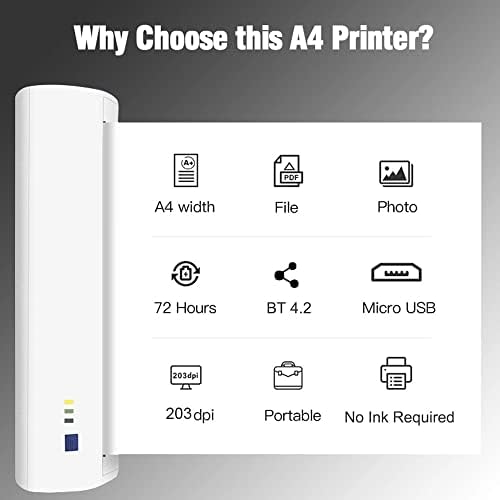 N/A A4 преносен термички печатач 210mm мини мобилен печатач за фотографии 203DPI печатење PDF датотека веб -договор за договор Фото слика