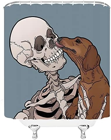 Дефото скелет за Ноќта на вештерките и завесата за туш за кучиња Смешен череп животински интерактивен декор сино кафеава машина за бања машина