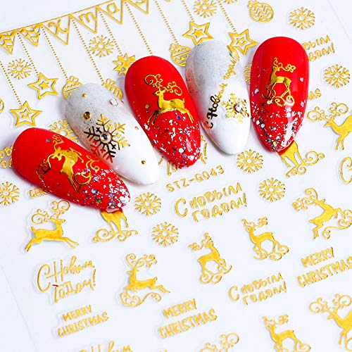 Налепници за уметност со златни нокти 3Д Божиќни декорации за нокти 9 листови самолепливи снегулки елк xmas дрво лисја снежен човек дизајн