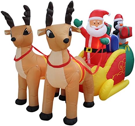 Jумбо 13 нозе долг Божиќ надувување Дедо Мраз и Пингвин со подарок во санки, влечени од 2 ирваси светла осветлени декорација